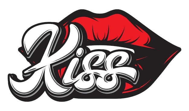 Stylish vector illustration with calligraphic inscription kiss and lips