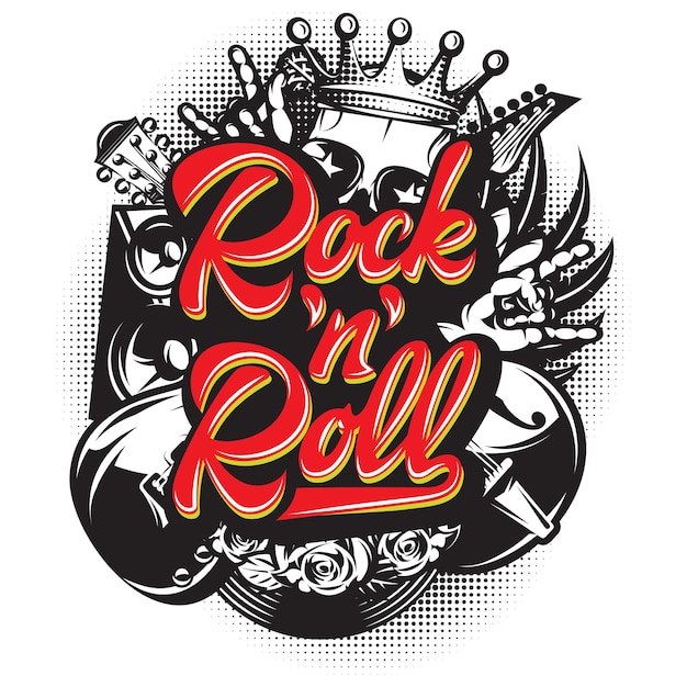 Stylish vector template for printing on the theme of rock music with a calligraphic inscription rock n roll