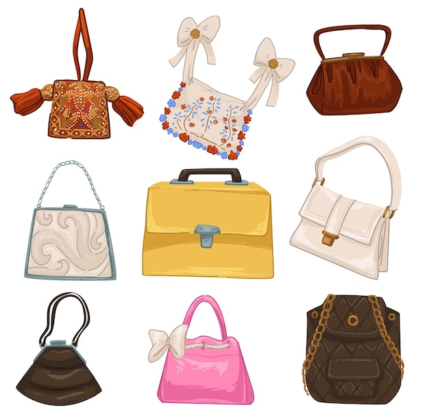 Stylish vintage and retro bags and accessories for women, isolated handbags with bows and ribbons, floral ornaments and simple design. Straps and adjustable handle on clutch. Vector in flat style