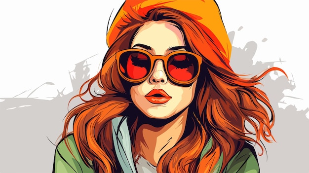 Stylish Warm Gradient Cartoon Line Drawing of a Pretty Hipster