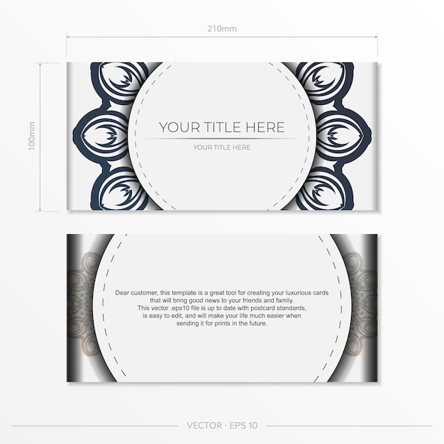 Stylish White postcard design with dark vintage ornament. Stylish invitation with Greek patterns.