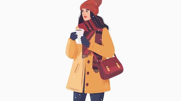 Vector stylish woman in classy winter outfit holding paper coffee cup