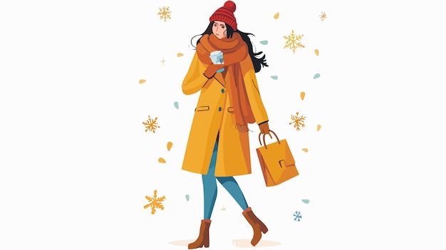 Vector stylish woman in classy winter outfit holding paper coffee cup