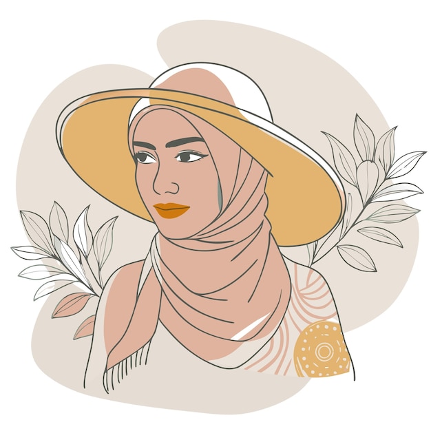 Vector a stylish woman in a hat and hijab surrounded by leaves