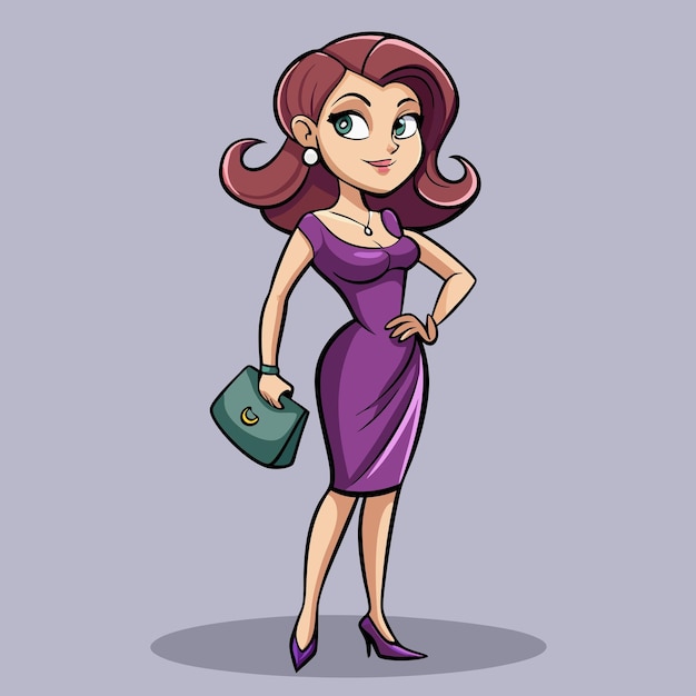 Vector stylish woman in purple dress and heels holding a clutch cartoon vector illustration