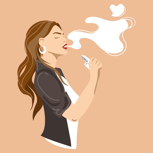 Stylish woman smoking vape electronic cigarette and holds a vaporizer vector .Hipster lifestyle