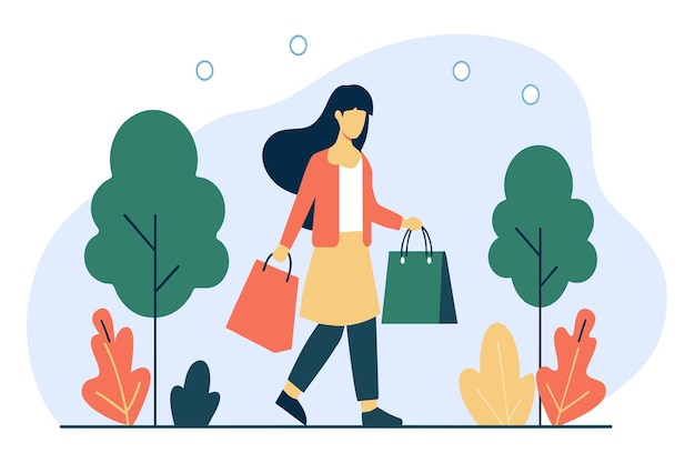 A stylish woman walks with her shopping bags among illustrated trees