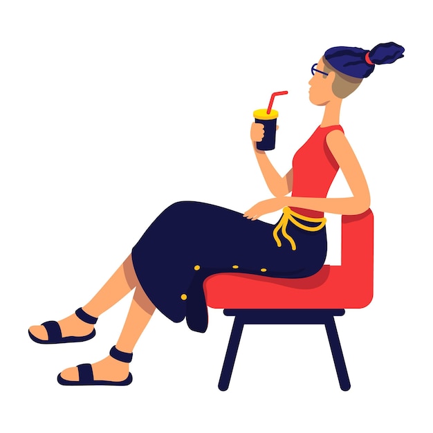 Stylish woman with cocktail beverage sitting on chair semi flat color vector character Full body person on white Relaxation simple cartoon style illustration for web graphic design and animation