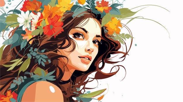 Vector stylish woman with flower in hair cartoon illustration