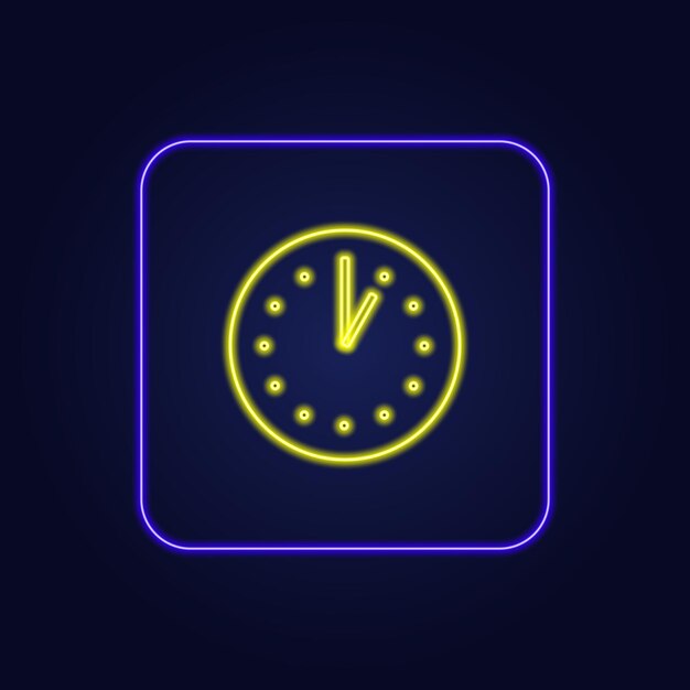 Stylish yellow neon icon in blue frame clock  Vector illustration