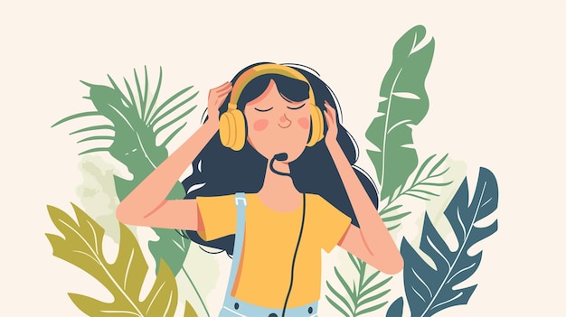 Vector stylish young character enjoying music with headphones