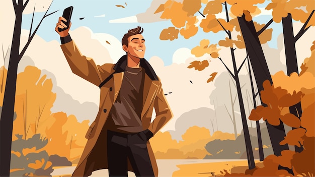 Vector stylish young man capturing selfportrait in park during fall season