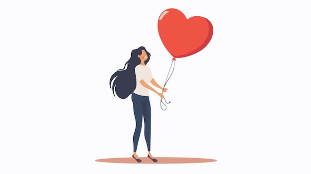 Stylish Young Woman in Casual Outfit Holding Heart Shaped Balloon