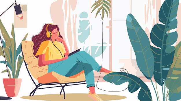 Vector stylish young woman enjoying music at home