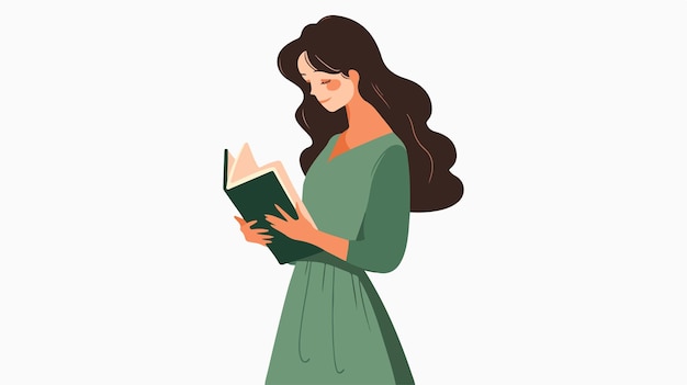 Stylish Young Woman in Green Dress Reading Book Outdoors