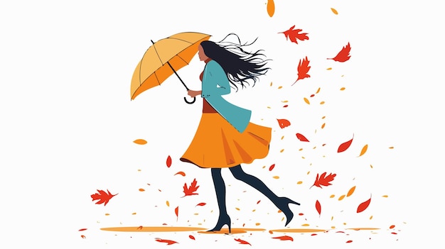 Vector stylish young woman in rain with umbrella and falling shoes