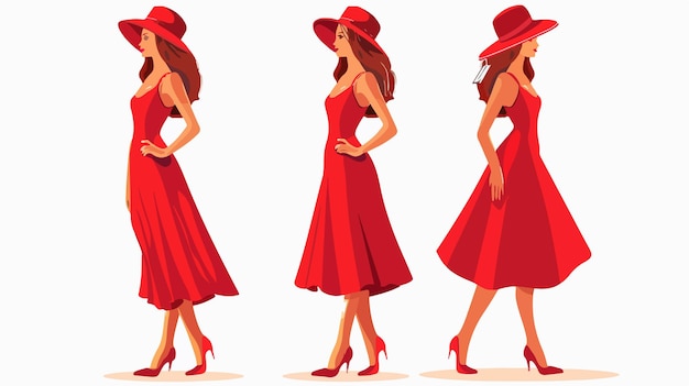 Stylish Young Woman in Red Dress and Hat Flat Vector Illustration