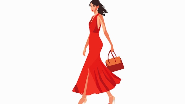 Vector stylish young woman in red dress holding bag