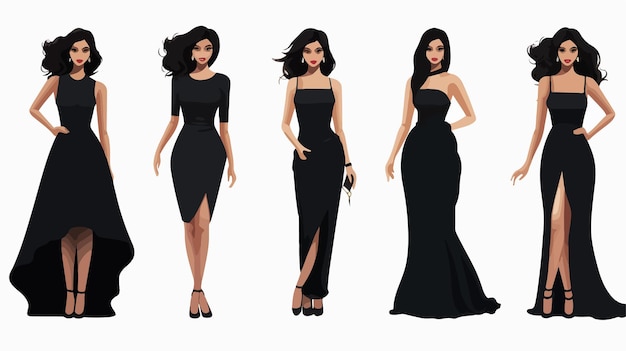 Vector stylish young woman in various black dresses vector illustration