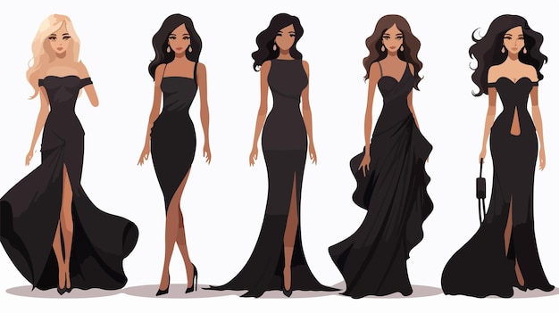 Vector stylish young woman in various black dresses vector illustration