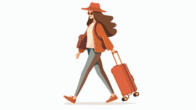 Vector stylish young woman walking with retro suitcase