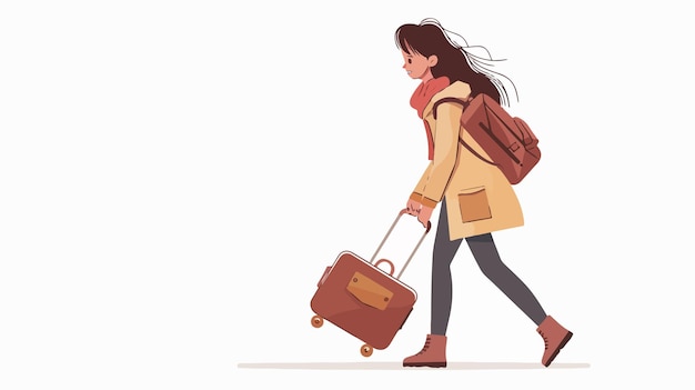 Vector stylish young woman walking with retro suitcase