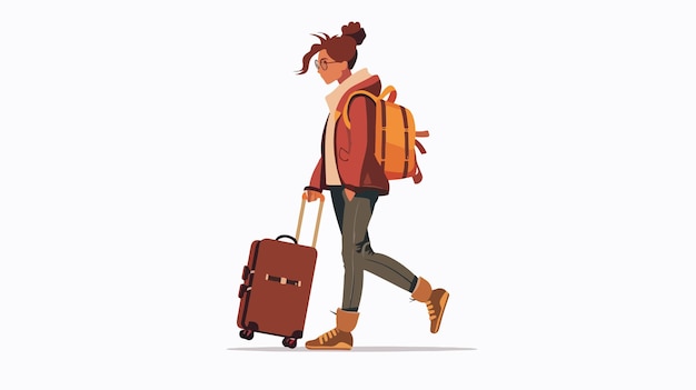 Vector stylish young woman walking with retro suitcase