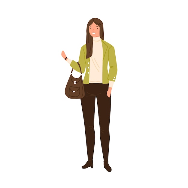 Stylish young woman wearing modern jacket, trousers and turtleneck. Female character in trendy clothes holding handbag. Flat vector cartoon illustration isolated on white background.