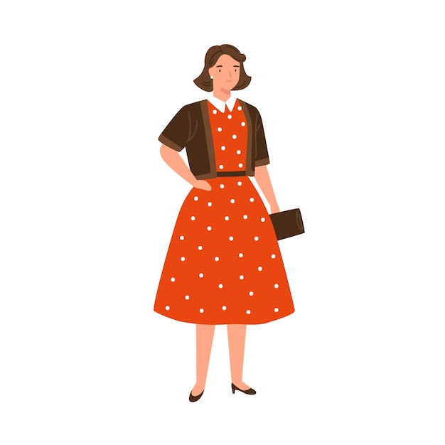 Stylish young woman wearing red dotted dress in 50s style. Beautiful female character in retro fashionable garment. Flat vector cartoon illustration isolated on white.