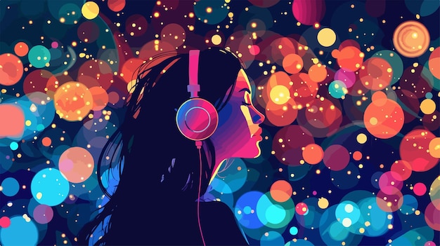 Vector stylish young woman with headphones and glittering background