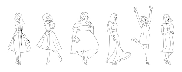 Stylish young women wearing prom dresses set Girls in evening outfits in line sketch style Female