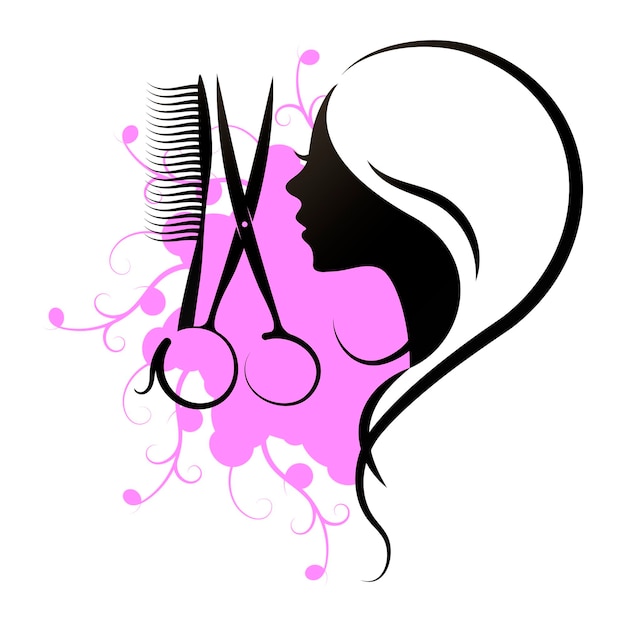 Stylists scissors comb and profile of a girl with a hairstyle