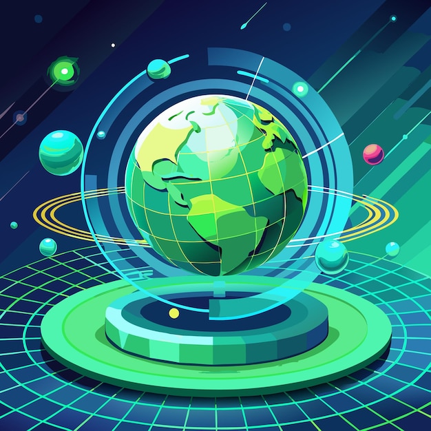 Vector a stylized 3d globe floating in a futuristic environment with a green platform orbiting spheres and neon grid patterns