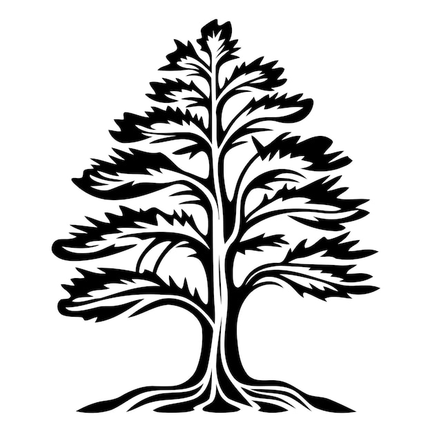 Vector stylized black and white illustration of a large tree