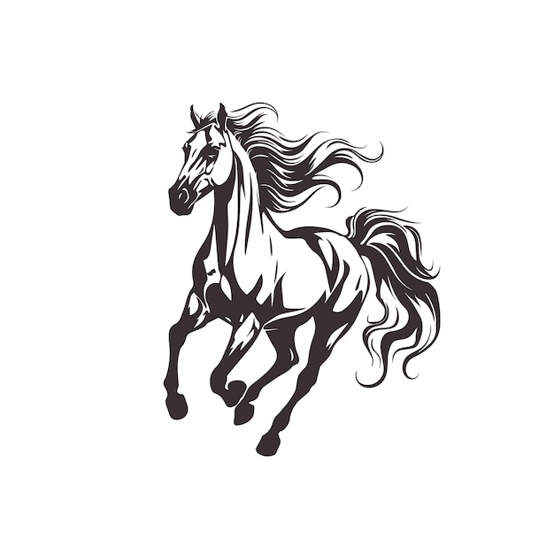 Stylized black and white illustration of a running horse with a flowing mane and tail