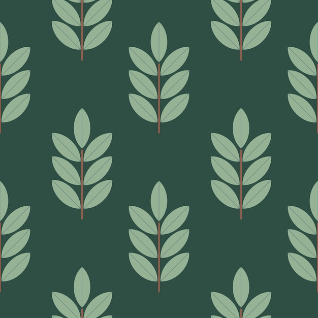 Stylized branches and leaves on dark green background vector seamless pattern