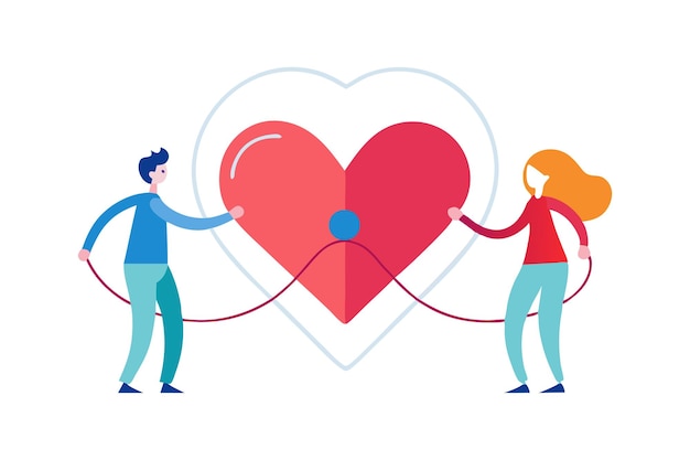 Vector stylized cartoon of a man and woman holding a large heart connected by ropes symbolizing love and unity