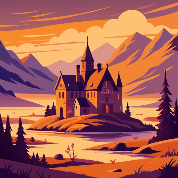 Vector a stylized castle surrounded by mountains and a serene landscape at sunset