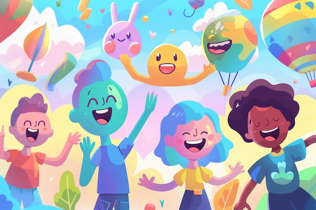 Vector stylized characters in cheerful setting