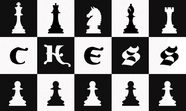 Vector a stylized chessboard featuring black and white chess pieces with artistic typography chess