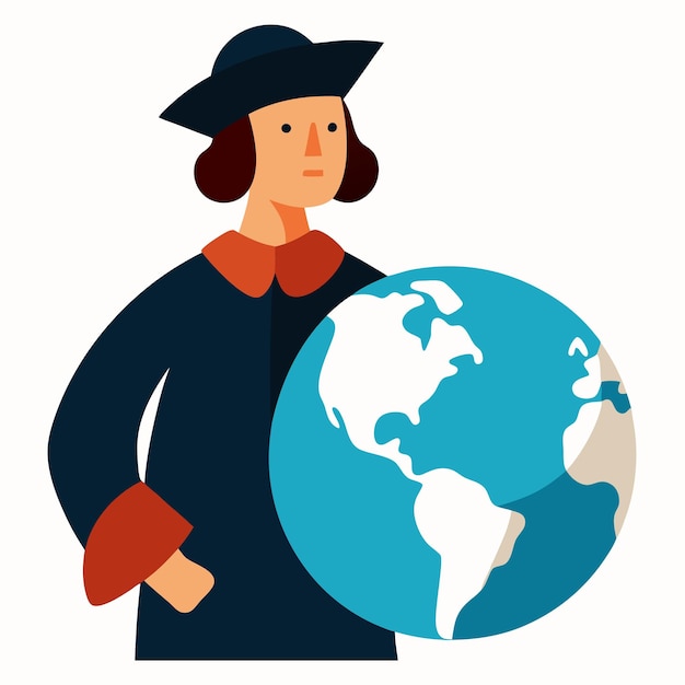 Vector stylized christopher columbus with globe and map cartoon illustration