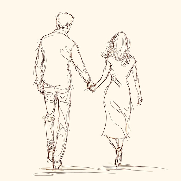 Stylized Couple Holding Hands in Contour Vector Design