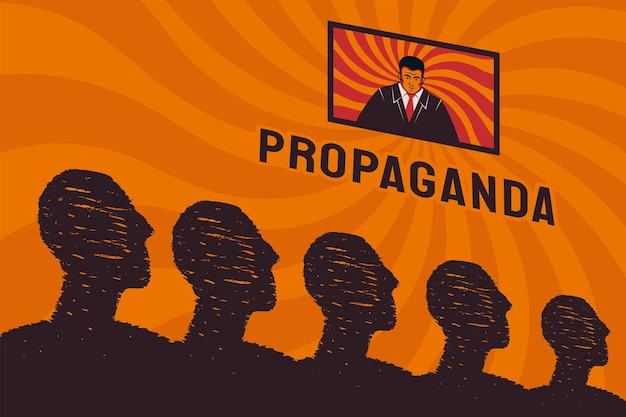 A stylized crowd of people looks at the TV screen a symbol of propaganda in a totalitarian state