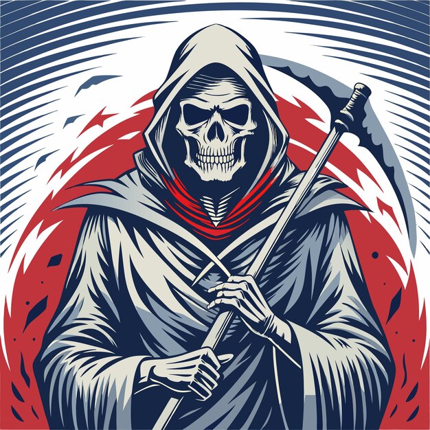 Vector a stylized depiction of a skeletal figure in a hooded robe holding a scythe