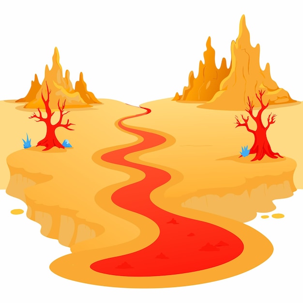 Vector a stylized desert landscape with a red river and barren trees