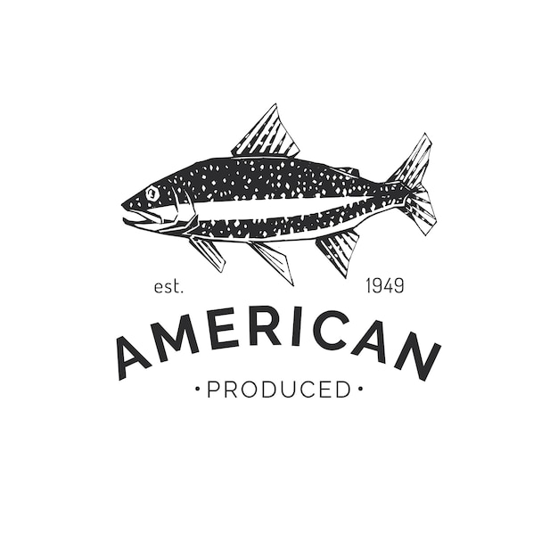 The stylized drawing of a trout in vector. Seafood packaging logo, can sticker, store label. Marine products emblem for fish market, restaurant, farm.