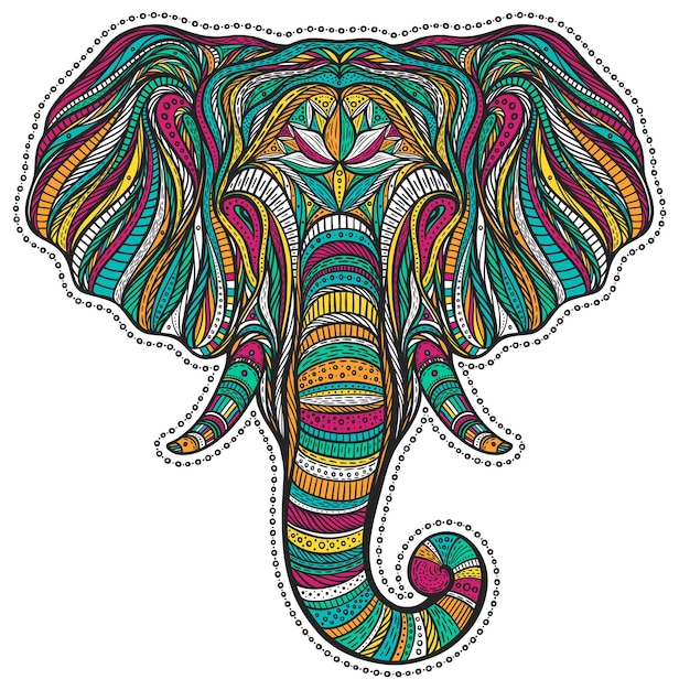 Stylized ethnic boho elephant portrait isolated on white background Decorative hand drawn doodle