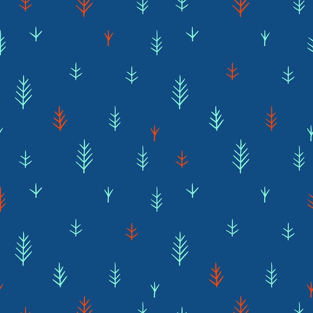 Stylized fir trees on a blue background. Classic Blue, trend color.