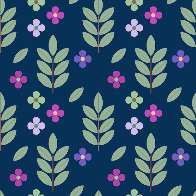 Stylized flowers branches and leaves on dark blue background vector seamless pattern