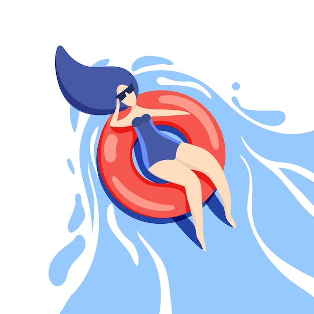 Stylized girl on an rubber ring floats in a pool or in the sea Beach summer vacation Holidays at sea The girl in glasses and a swimsuit sunbathes V